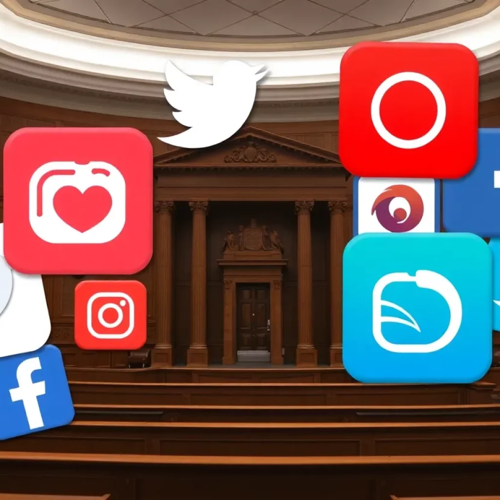 Collage of social media icons and a courtroom illustrating legal challenges.