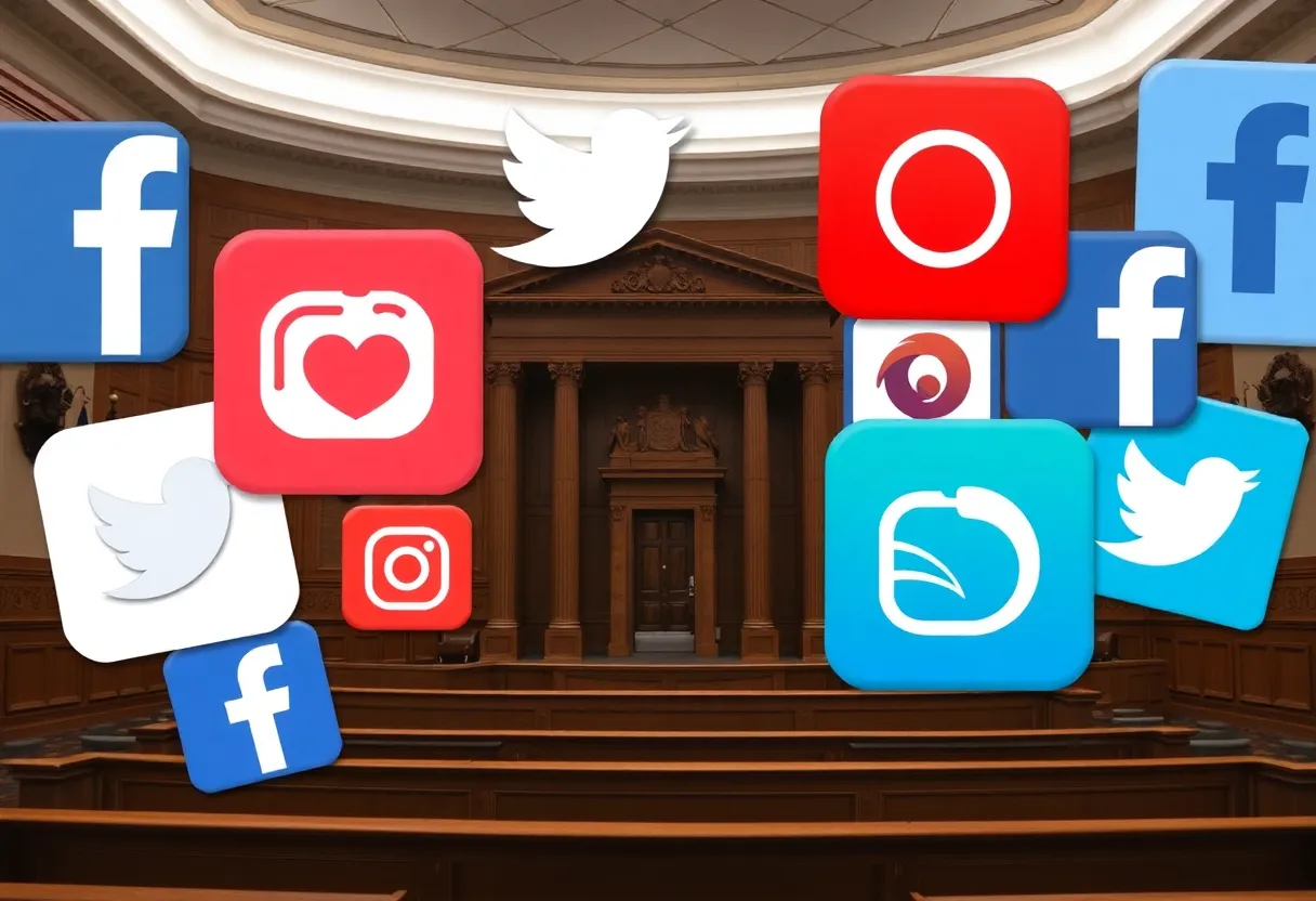Collage of social media icons and a courtroom illustrating legal challenges.