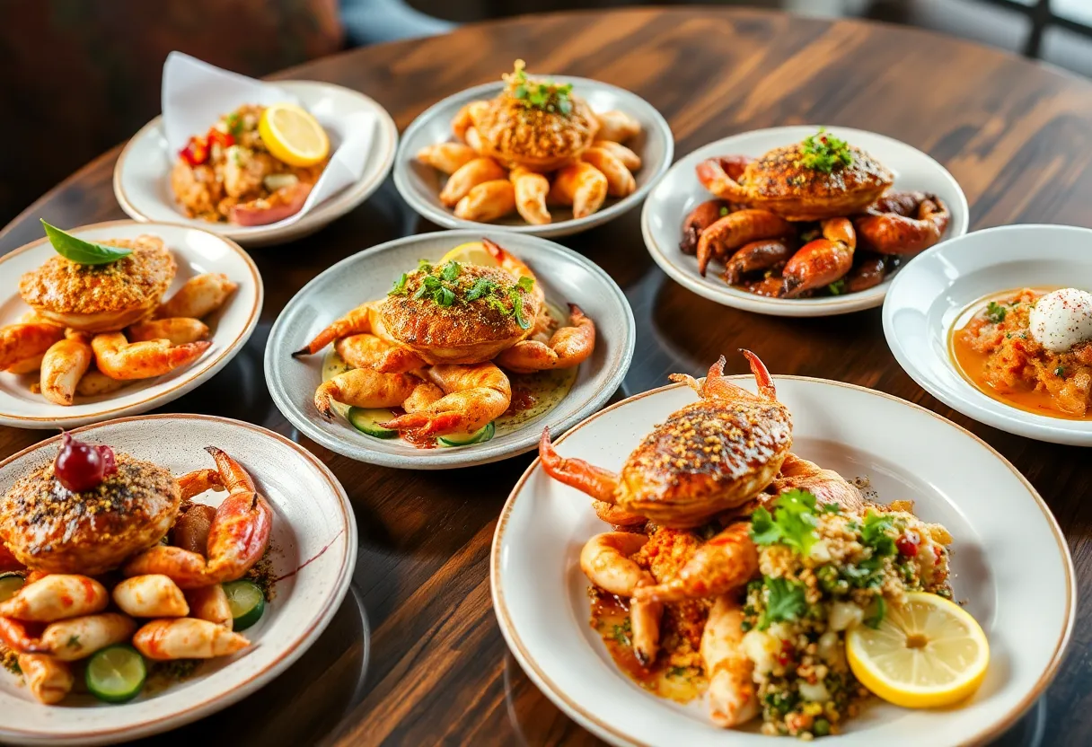 Various soft shell crab dishes displayed at a restaurant in Charleston