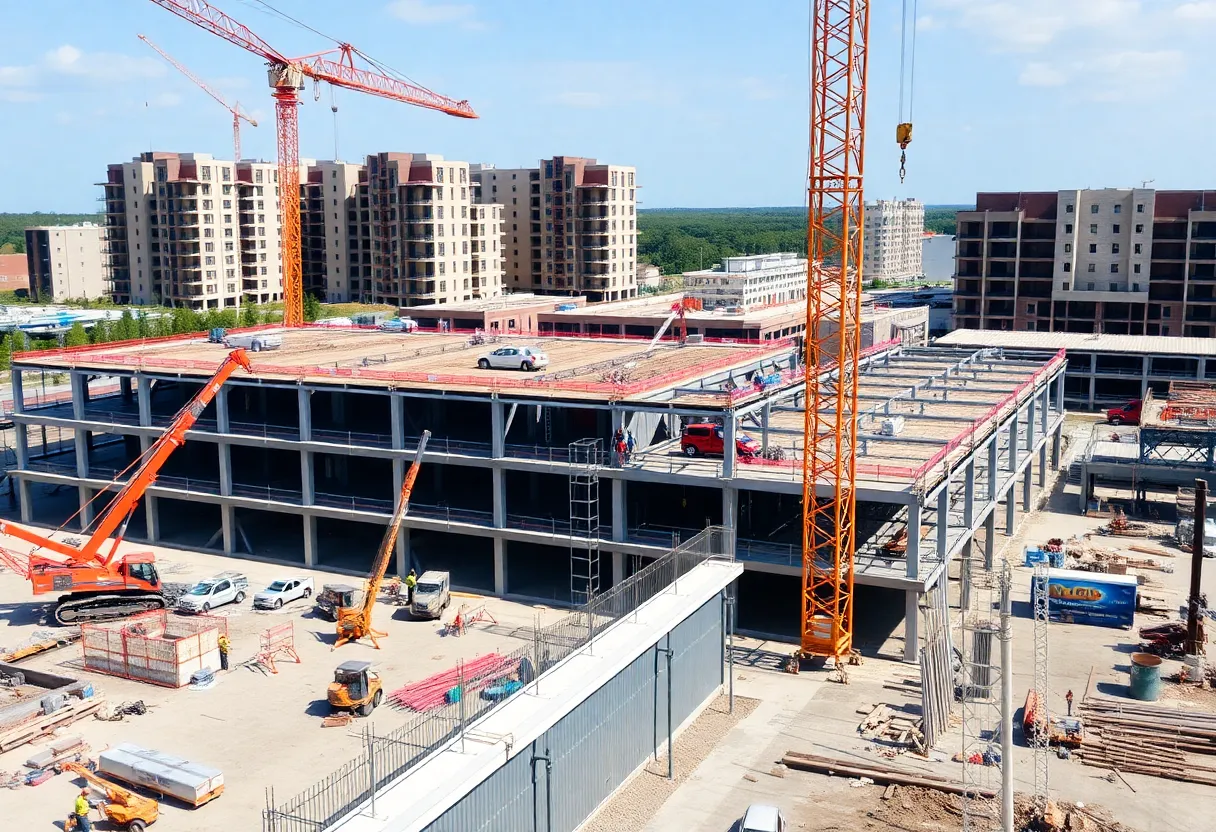 Construction site in South Carolina with cranes and workers