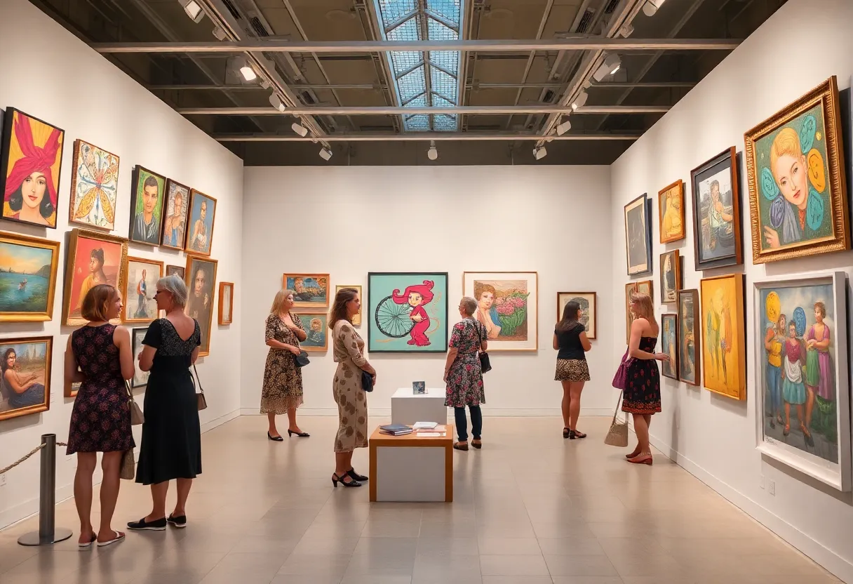 Art exhibition featuring works by South Carolina women artists in a museum