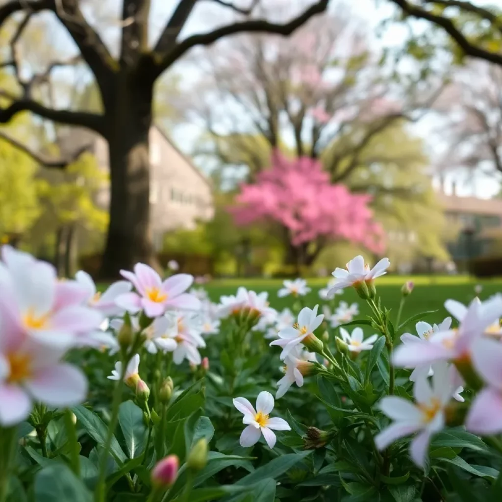 Springtime in Charleston with blooming flowers and trees