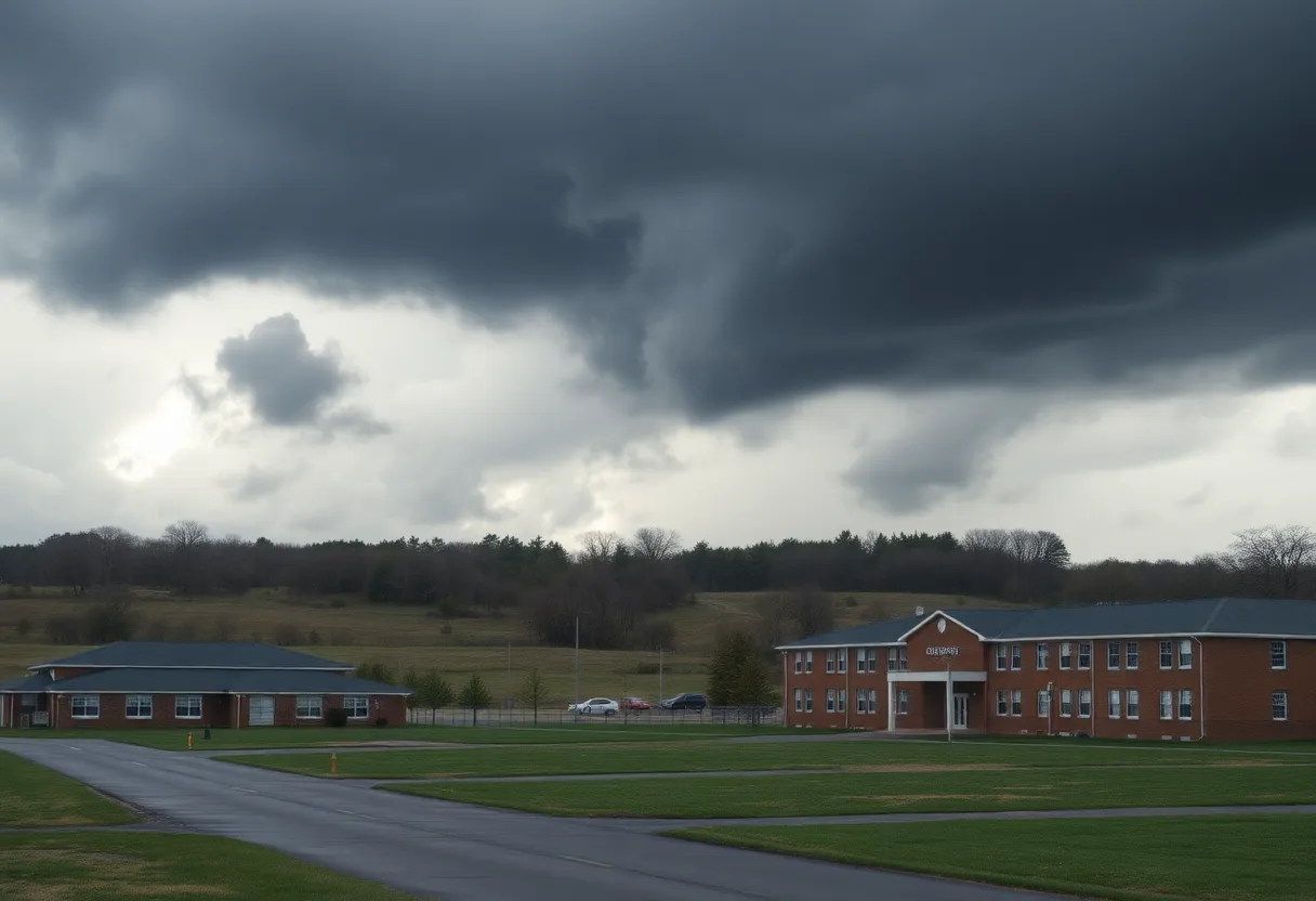 Storm clouds over abandoned school buildings in the Lowcountry