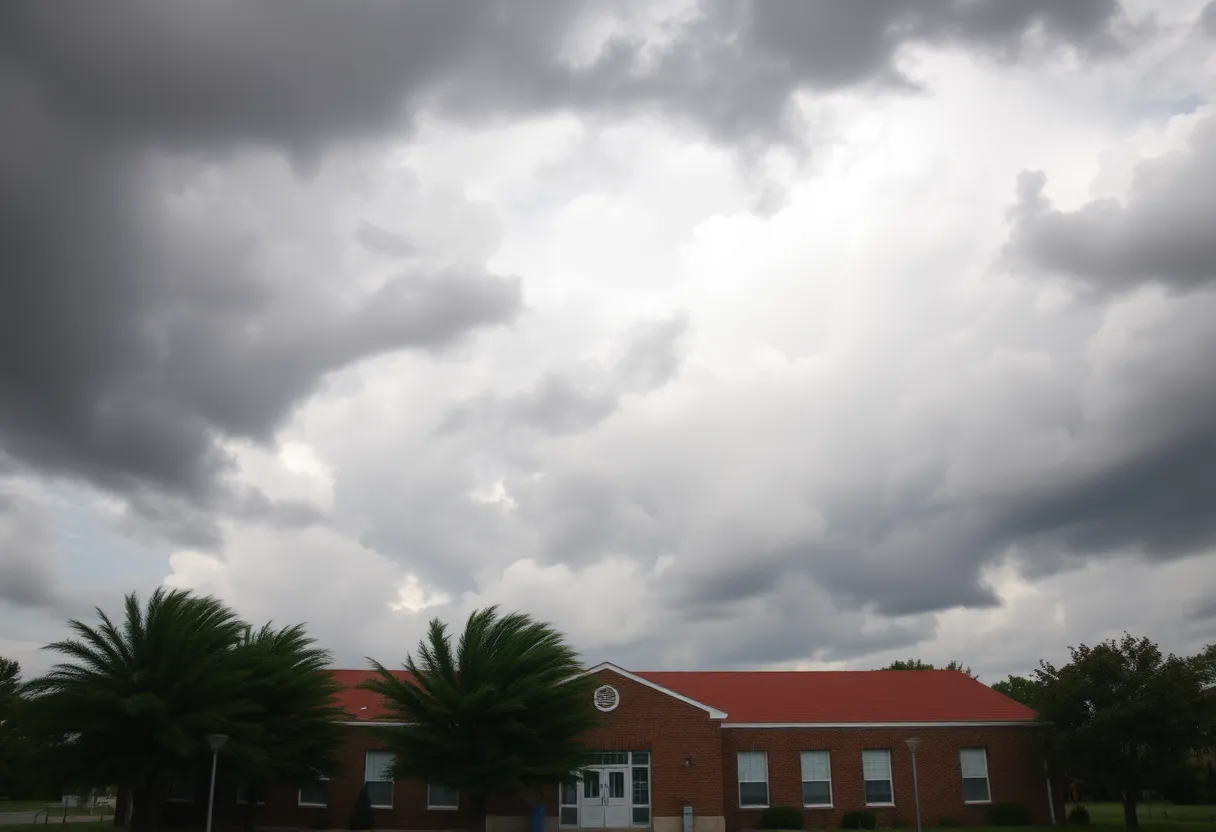 A stormy sky and a school building indicating school closures due to severe weather