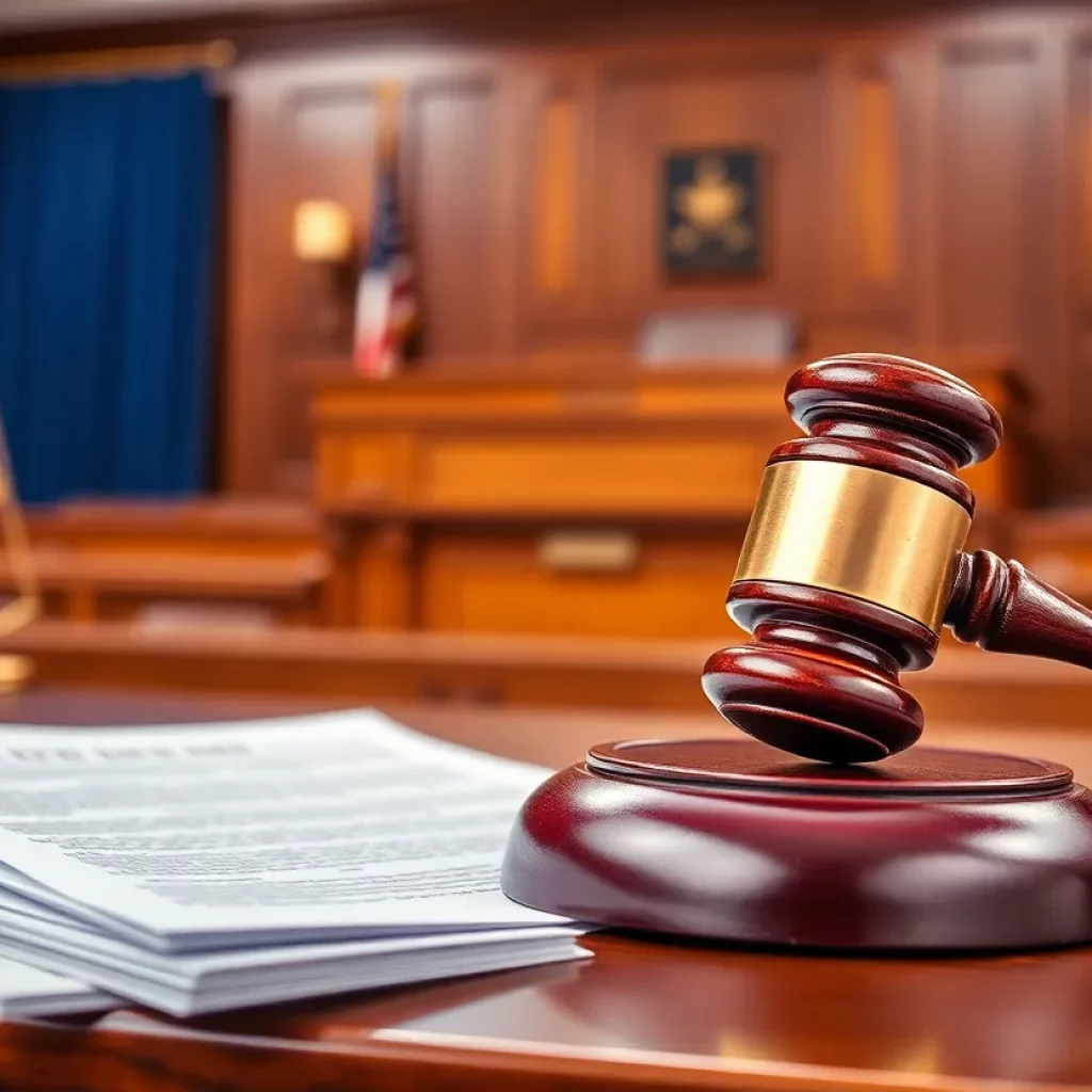 Courtroom during bankruptcy proceedings showing legal documents and a gavel.