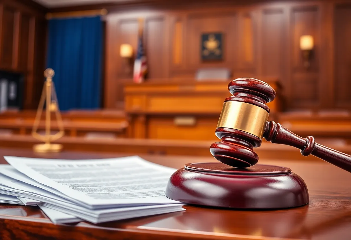 Courtroom during bankruptcy proceedings showing legal documents and a gavel.