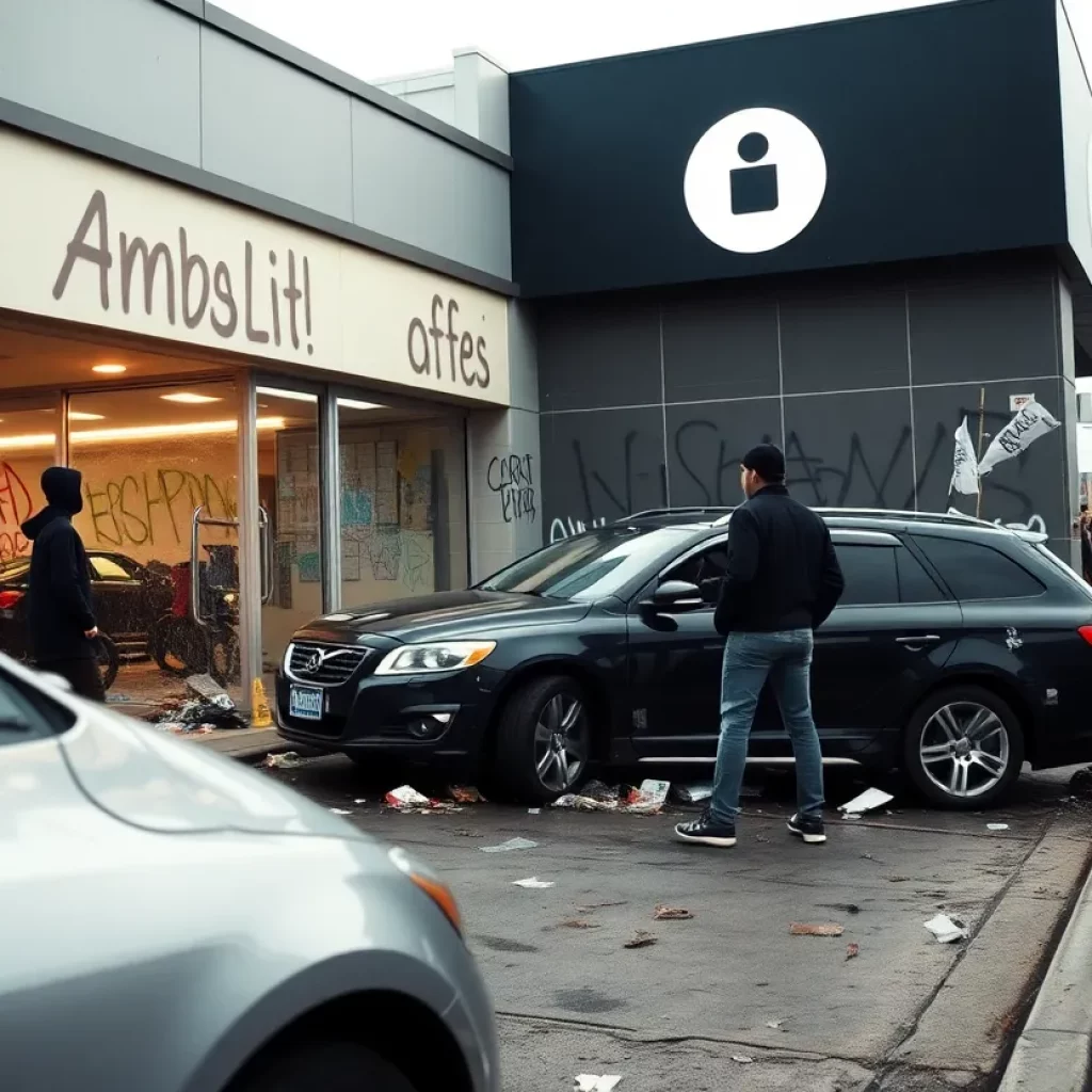 Scene of vandalism at a Tesla dealership with property damage.
