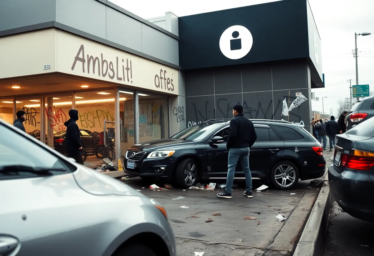 Scene of vandalism at a Tesla dealership with property damage.