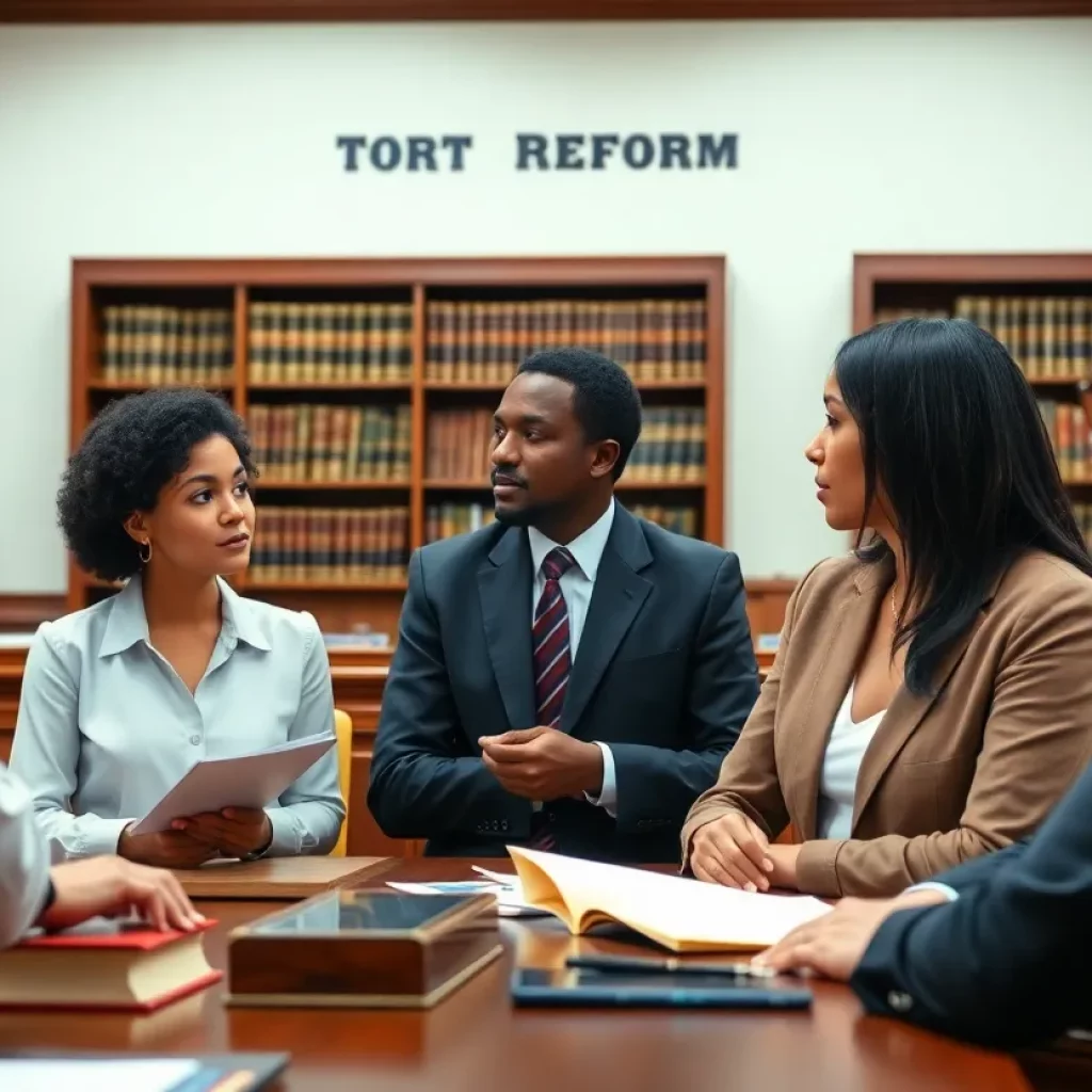 Individuals discussing tort reform in a courtroom setting.