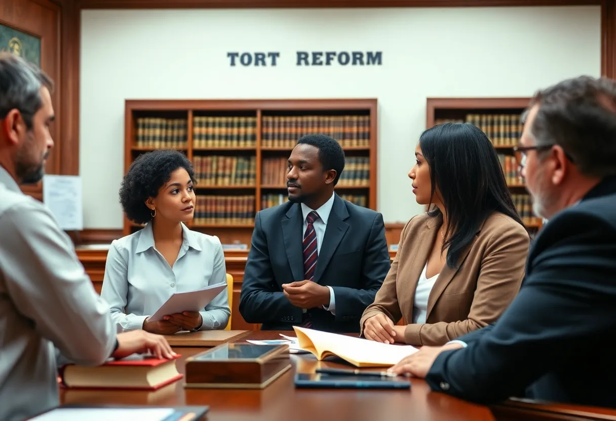 Individuals discussing tort reform in a courtroom setting.