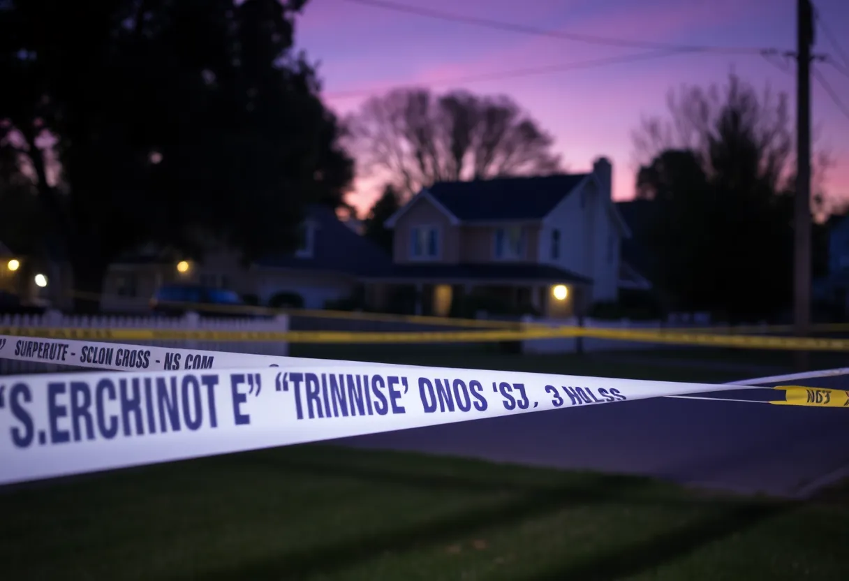 Police tape surrounding a quiet neighborhood residential area