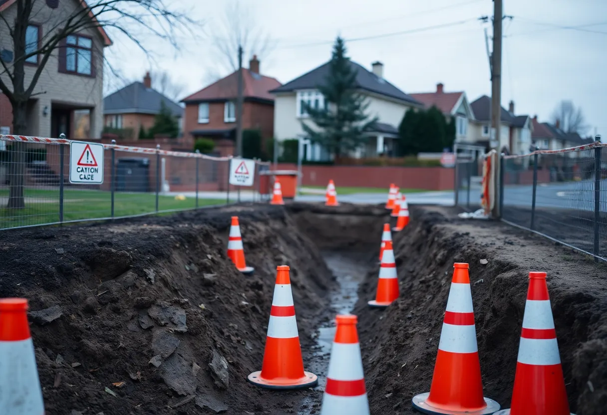Construction site with a trench and safety signs