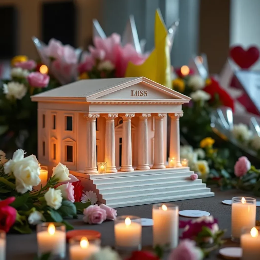 Tribute scene for Jessica Aber with a courthouse, flowers and candles.