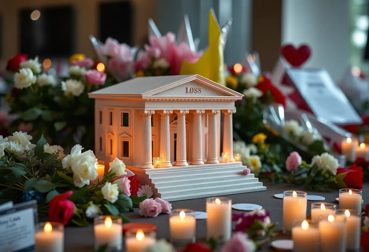 Tribute scene for Jessica Aber with a courthouse, flowers and candles.