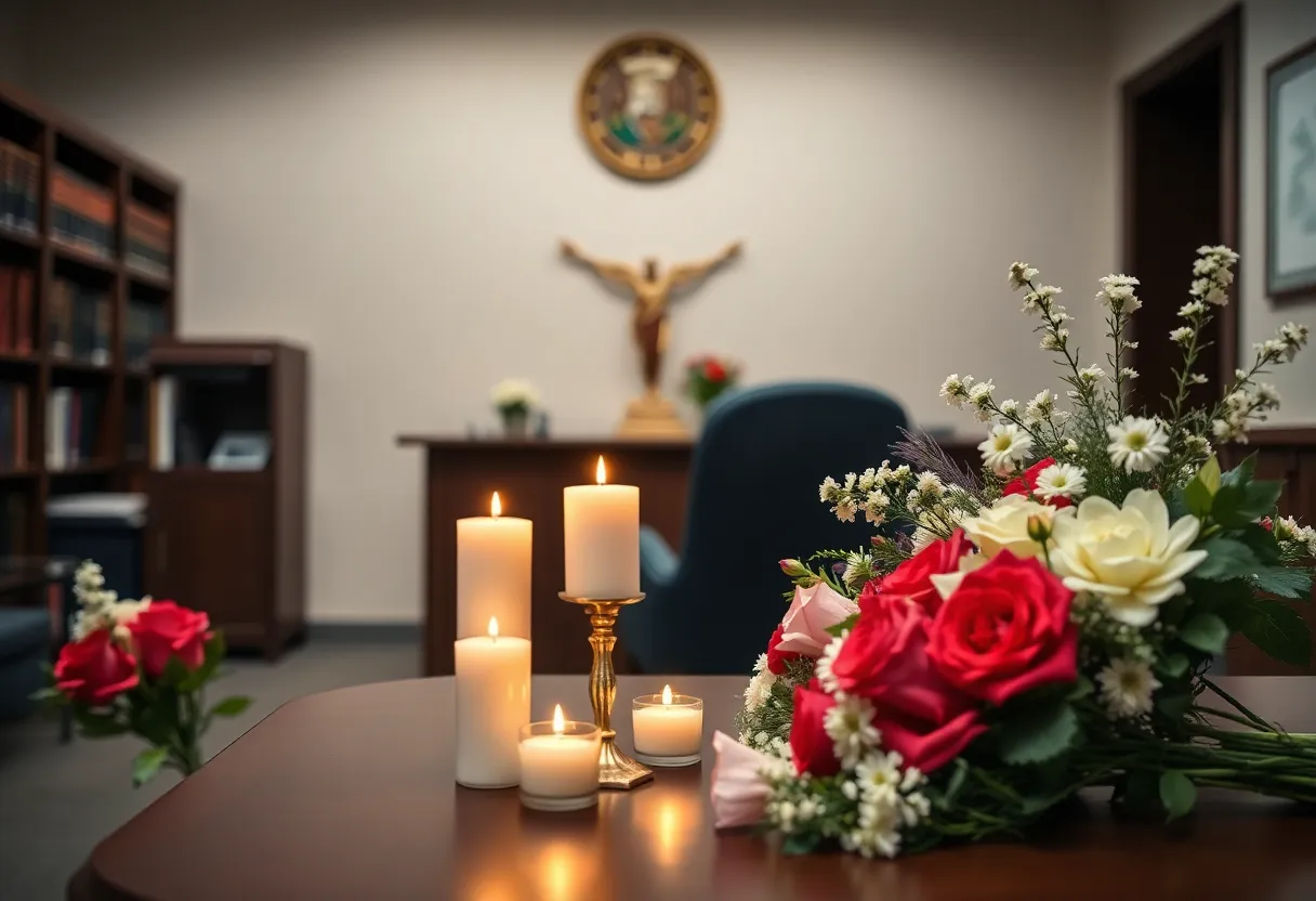 Tribute display for Jessica Aber in a legal office.
