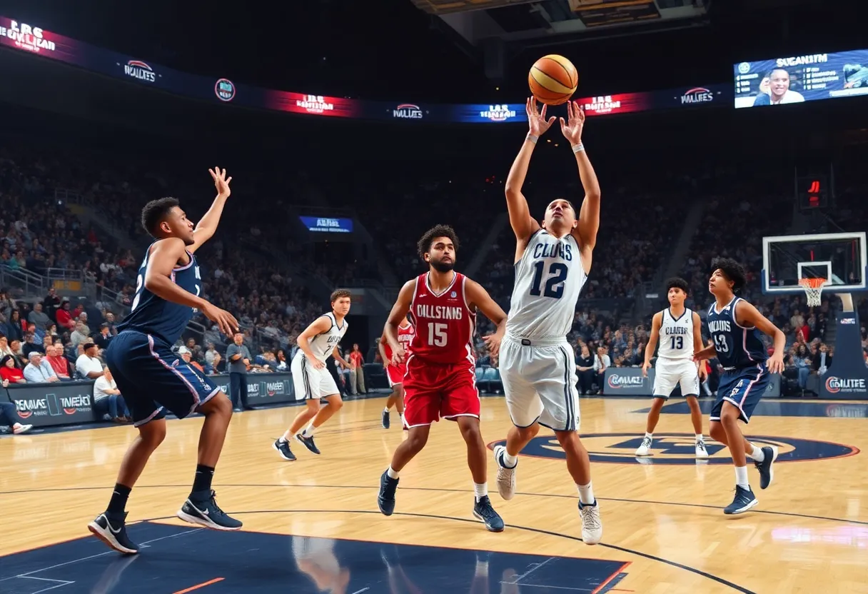 Basketball teams in action during the CAA Tournament semifinals.