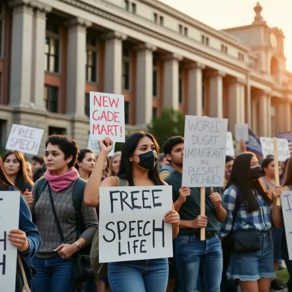 Students protesting for free speech and immigrant rights on a university campus.