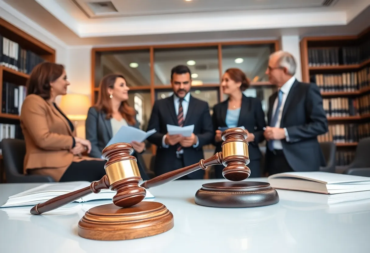A legal team discussing strategies in an office setting.