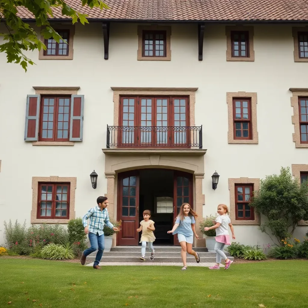 A family enjoying their time at a historic residence, symbolizing modern American values.