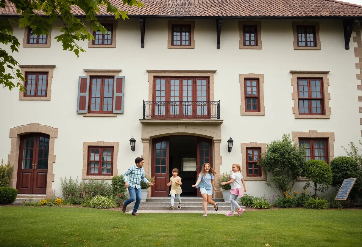 A family enjoying their time at a historic residence, symbolizing modern American values.