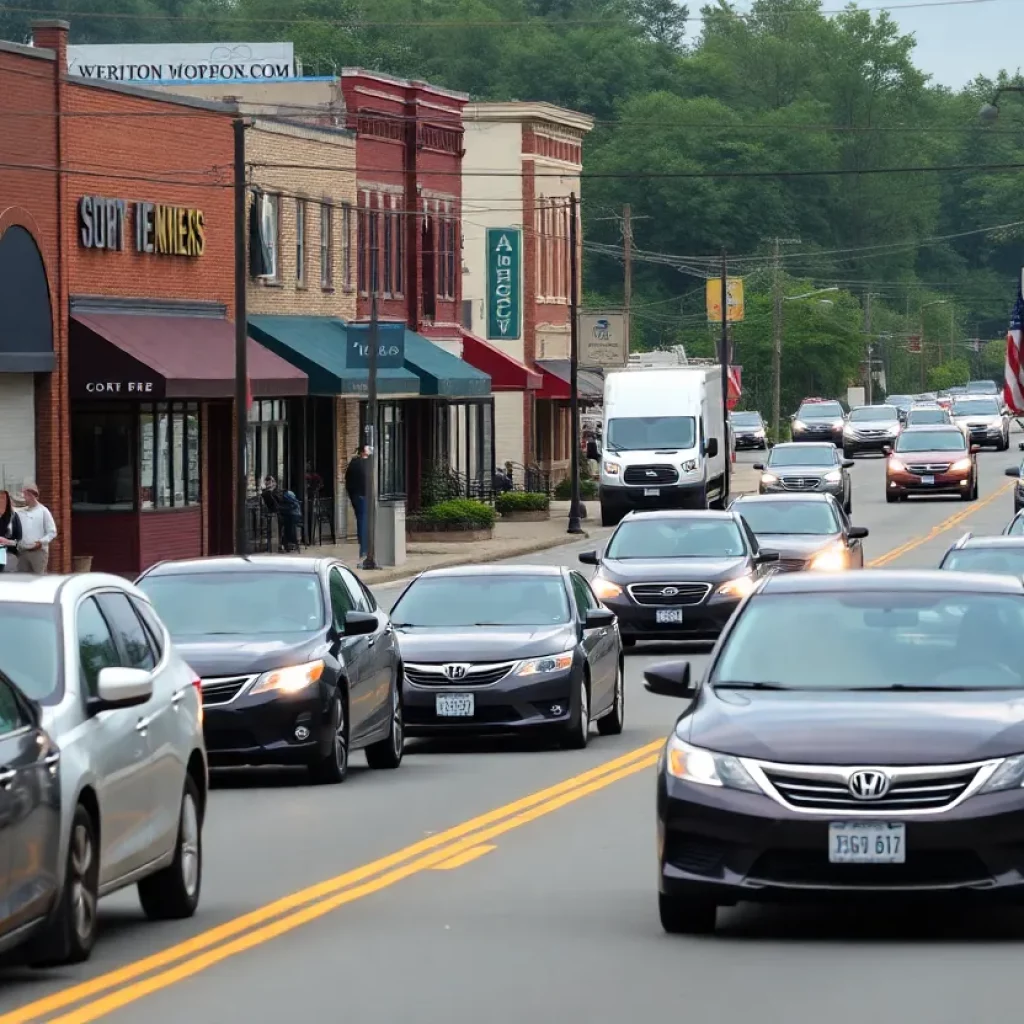 Busy street in Weirton, West Virginia with pedestrians and vehicles.