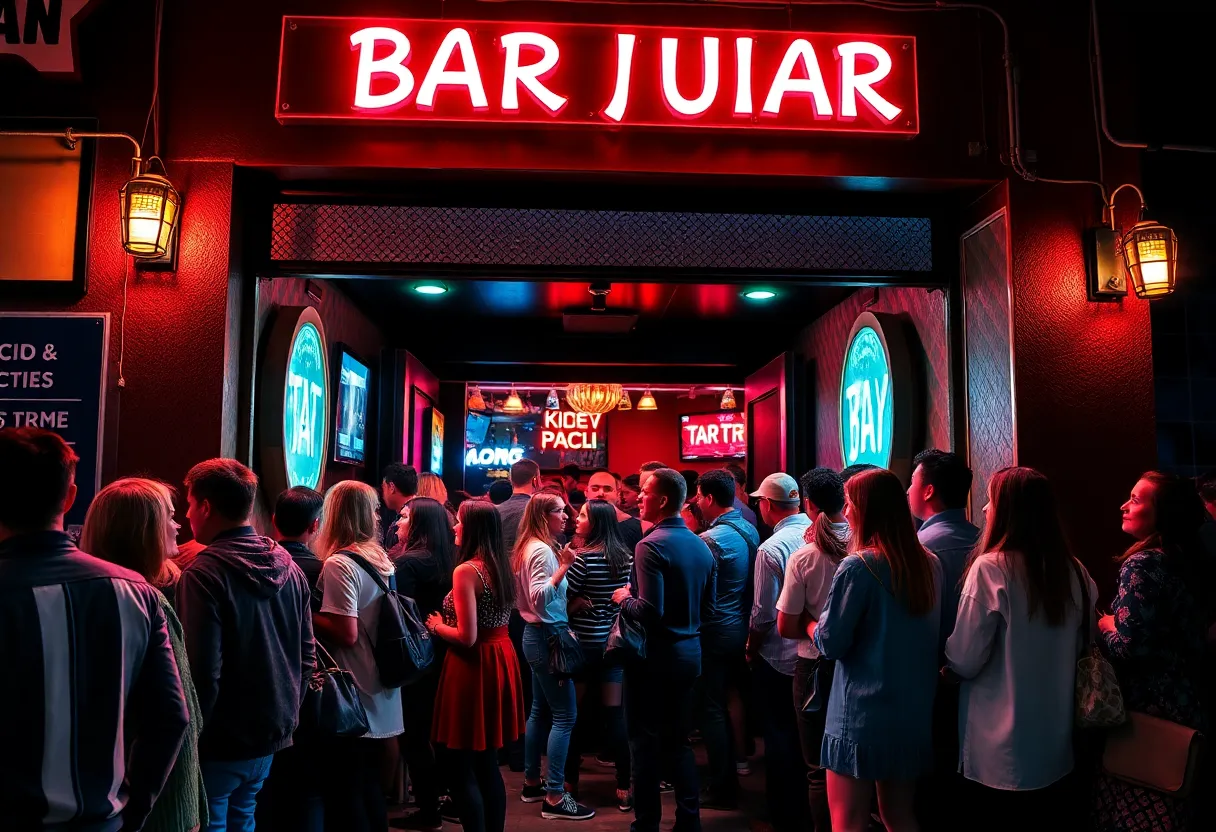 Entrance of Zachary's Daiquiris bar with people waiting in line