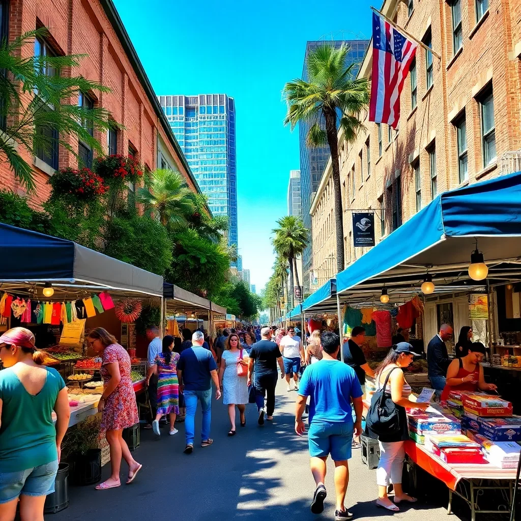 Vibrant downtown street market bustling with local vendors.