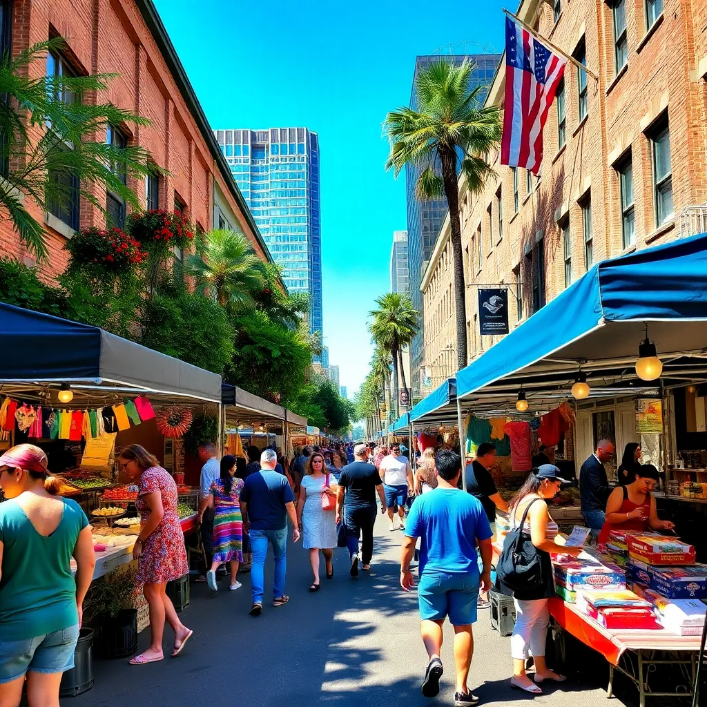 Vibrant downtown street market bustling with local vendors.
