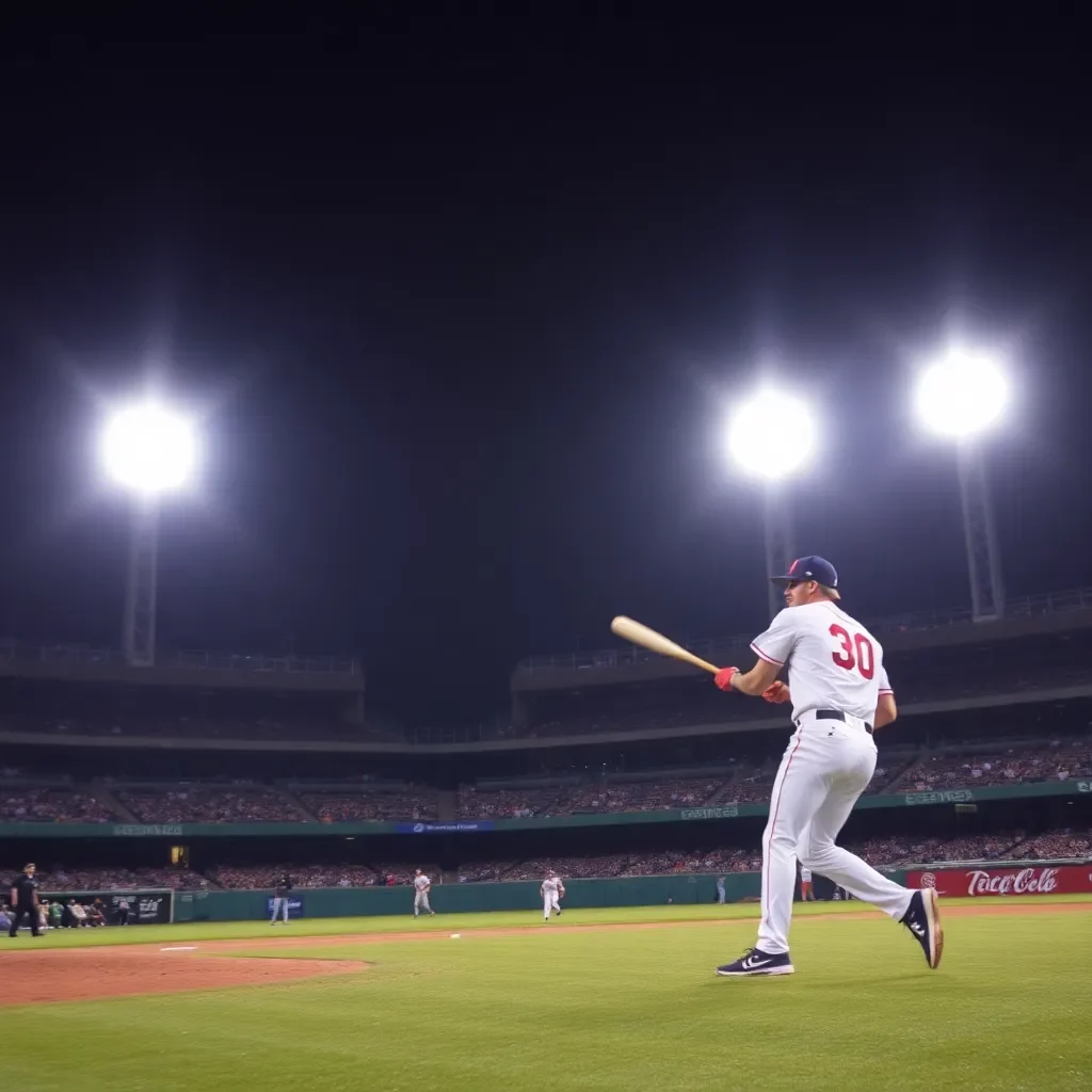 Dynamic baseball action under bright stadium lights.