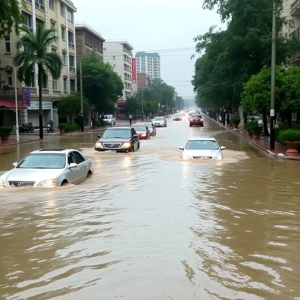 Flooded streets with submerged vehicles and rising water levels.
