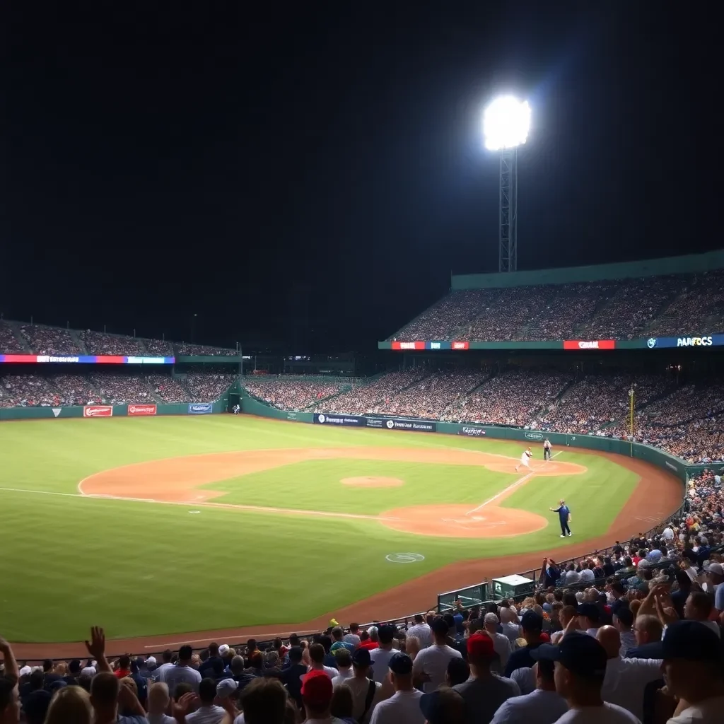Baseball field under bright lights, cheering crowd in background.