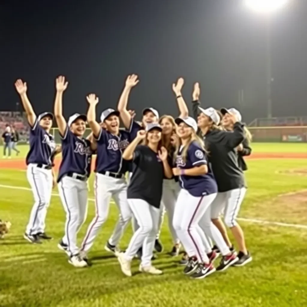 Victory celebration on a baseball field with team joy.