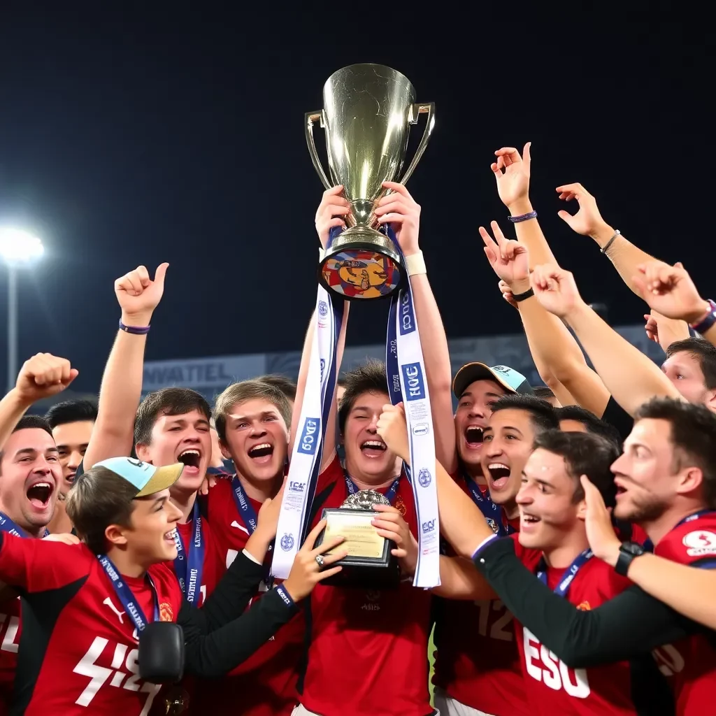 Triumphant team celebrating victory with a championship trophy.