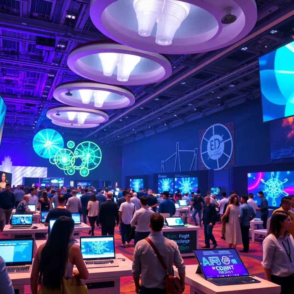 Futuristic technology showcases at a vibrant conference venue.