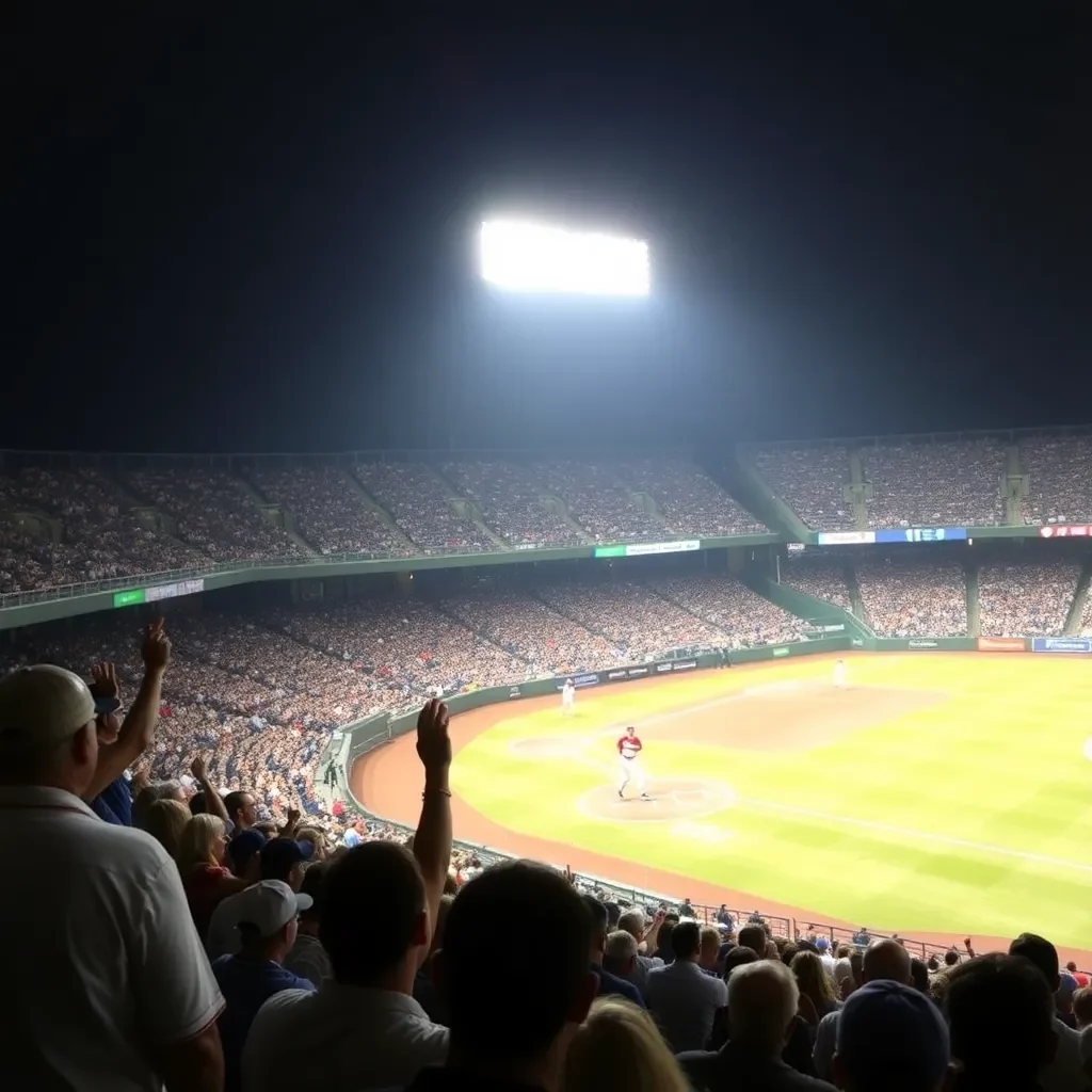 Exciting baseball game with cheering crowd in stadium.
