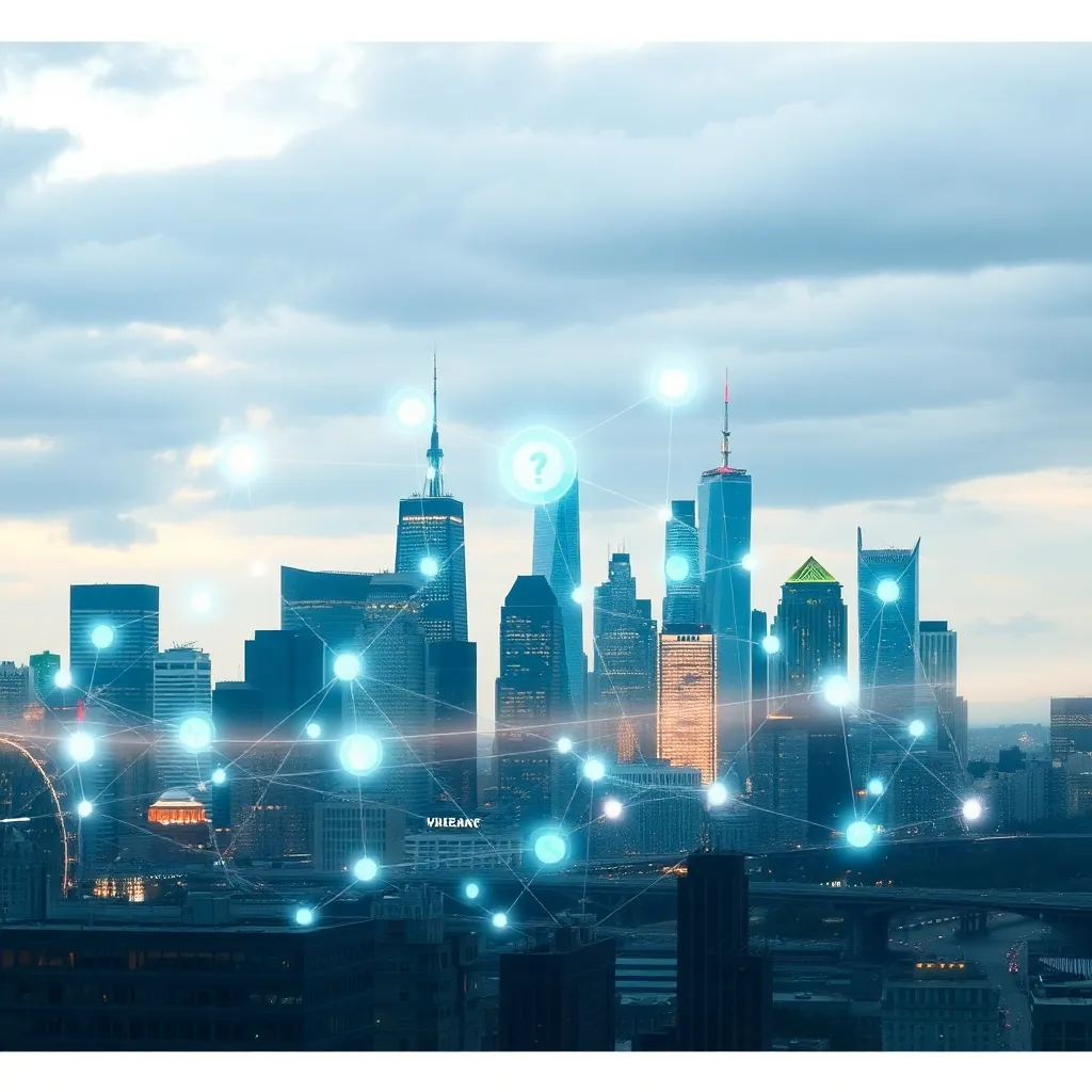 City skyline with digital connectivity symbols disrupted by barriers.