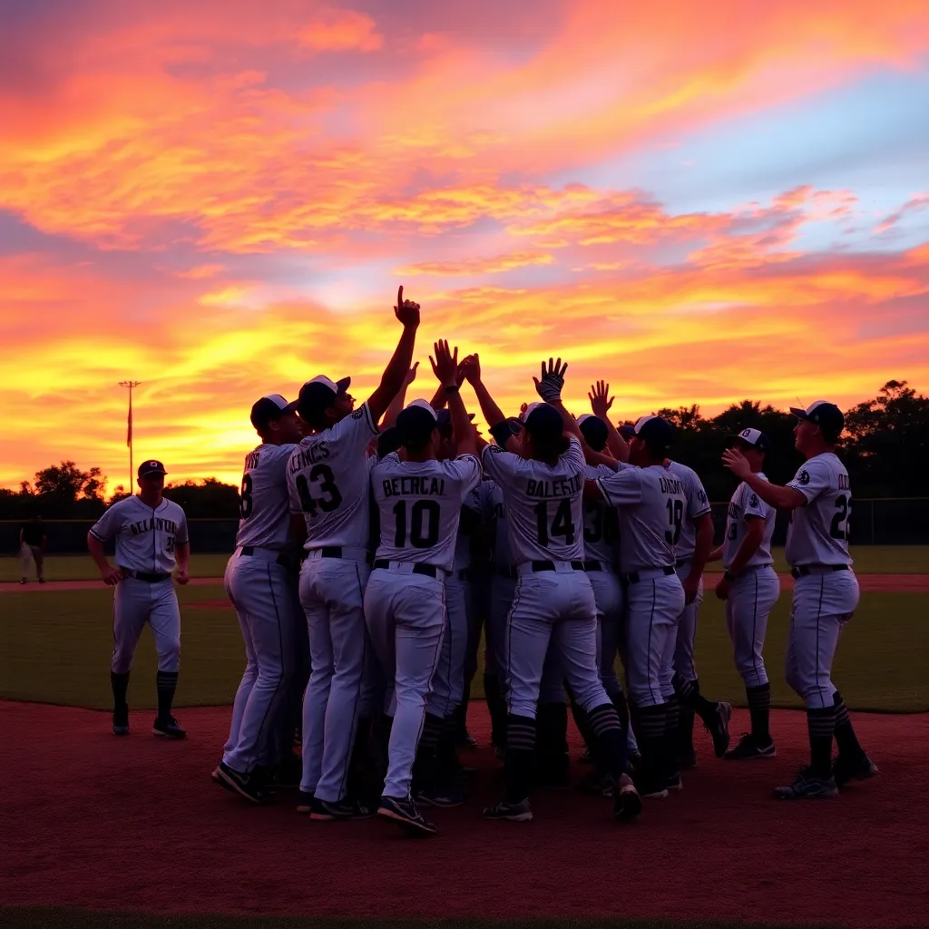 Baseball team celebrating victory under a vibrant sunset sky.