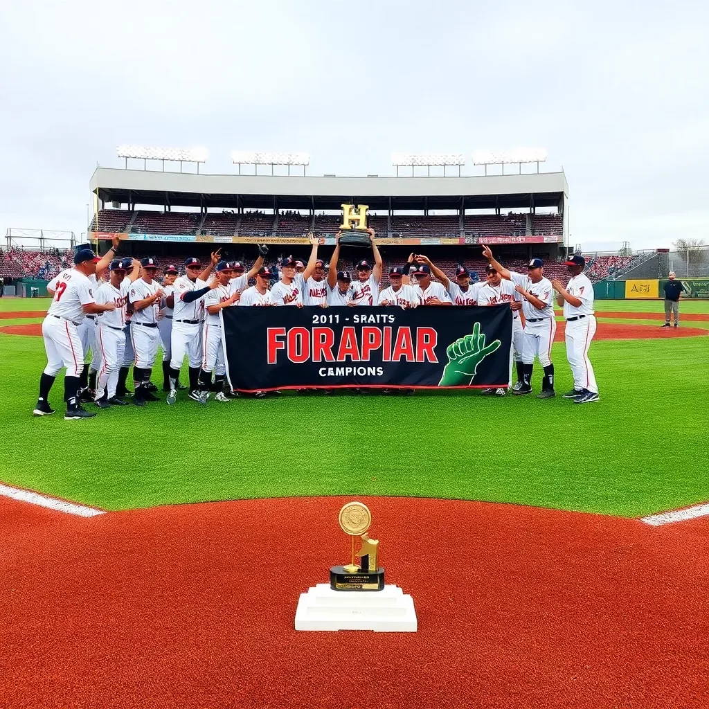 Baseball field celebration with team banner and trophy.