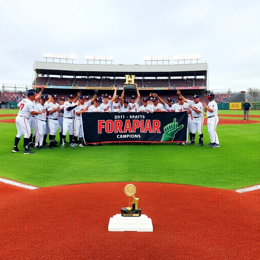 Baseball field celebration with team banner and trophy.