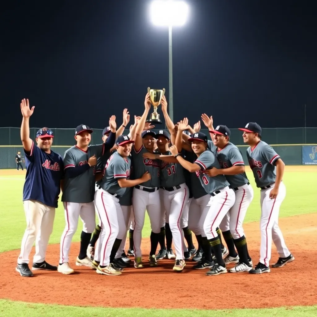 Victorious baseball team celebrating with trophy on field.