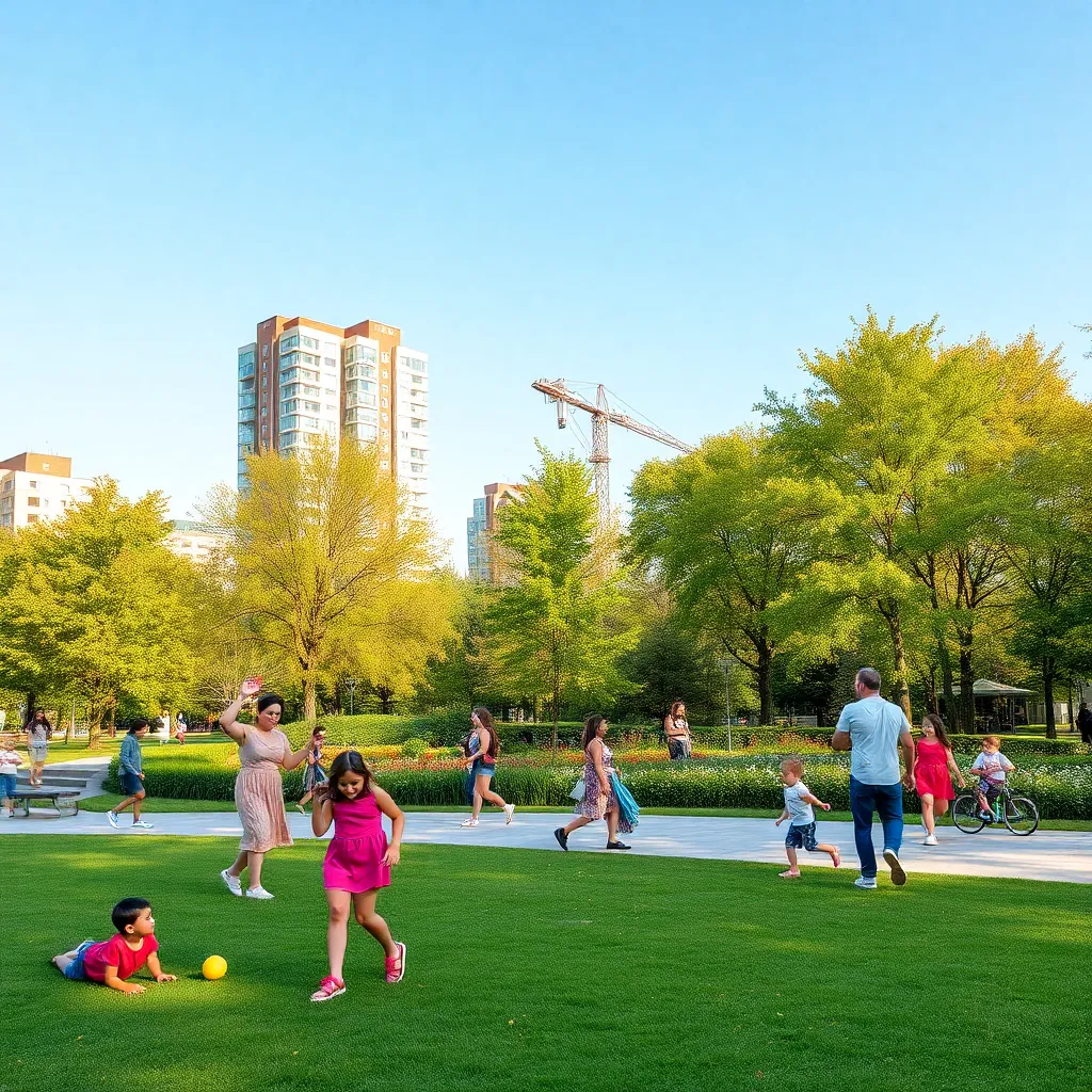 Vibrant urban park with families enjoying outdoor activities.