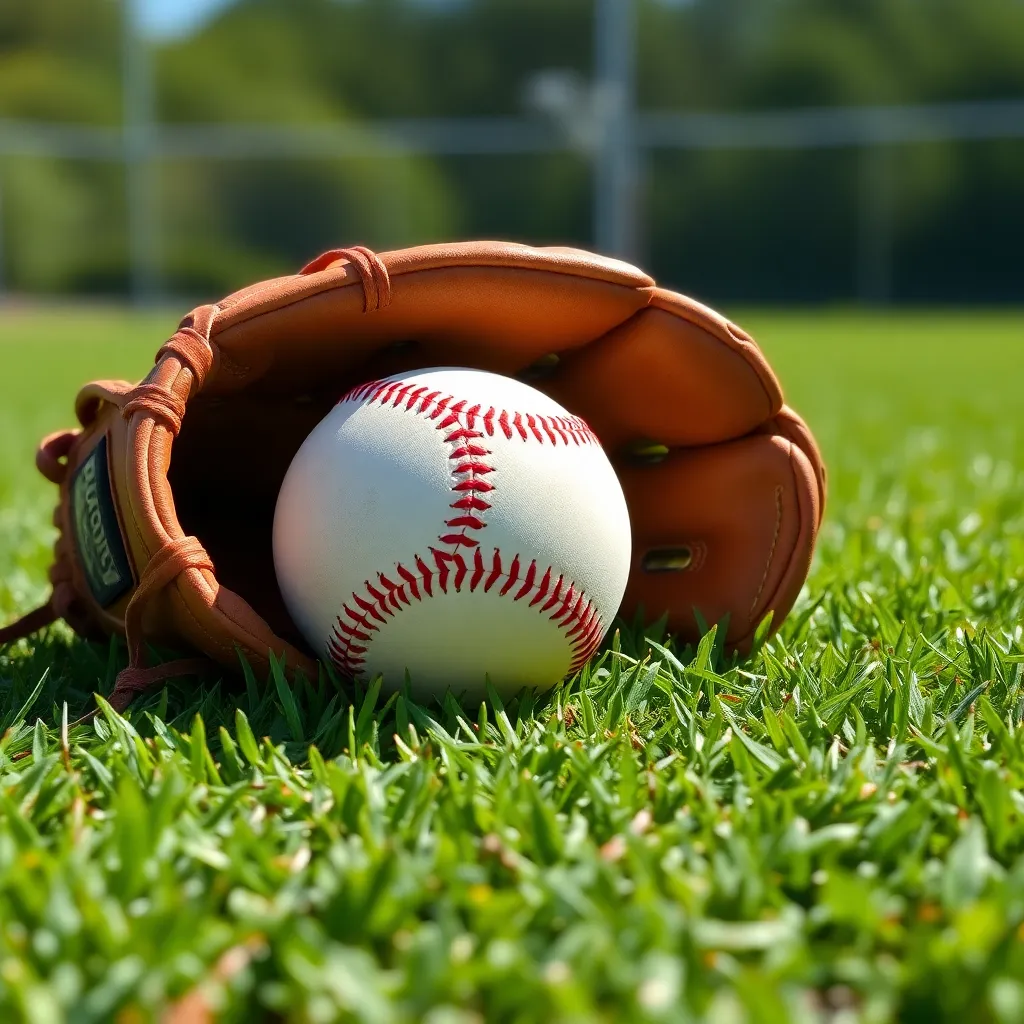 Baseball glove and ball on a sunny field.