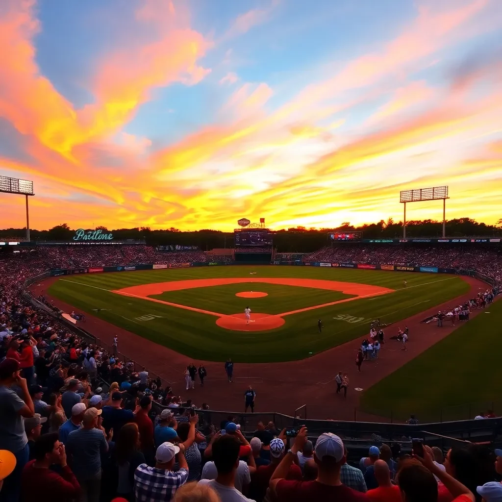 Baseball field under vibrant sunset with cheering fans.