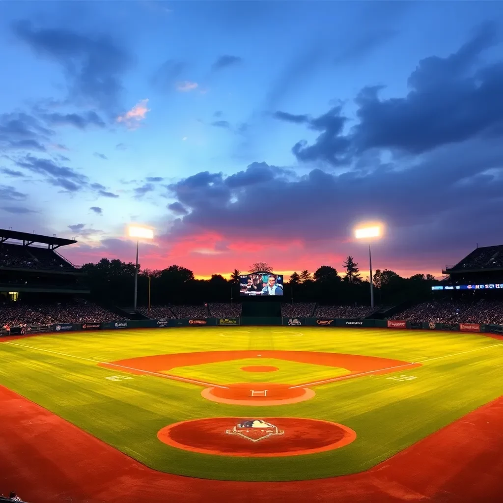 Baseball field at sunset with intense game atmosphere.