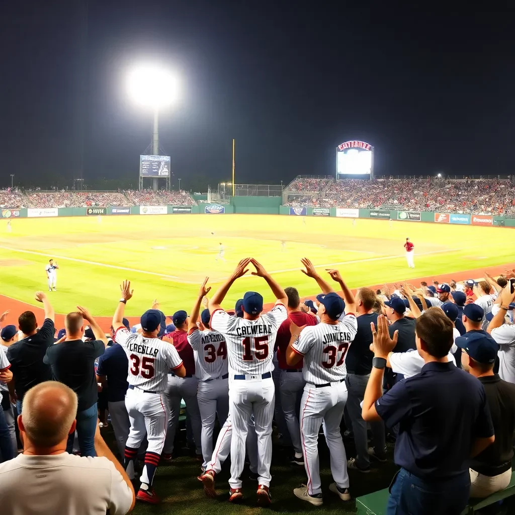 Baseball field celebrating team victory with cheering fans.