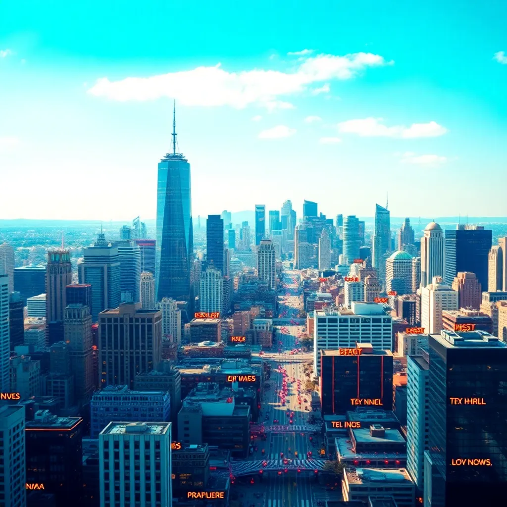 A vibrant city skyline with digital news headlines overlay.