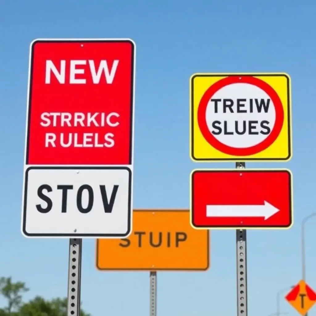 Street signs indicating new traffic rules with clear visibility.