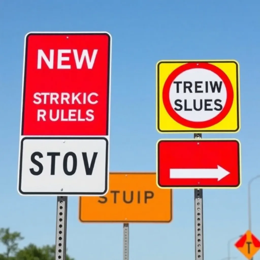 Street signs indicating new traffic rules with clear visibility.