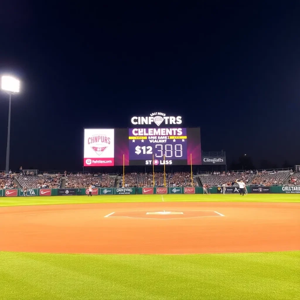 Baseball field with scoreboard displaying victory celebration.