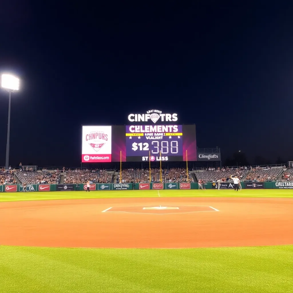 Baseball field with scoreboard displaying victory celebration.
